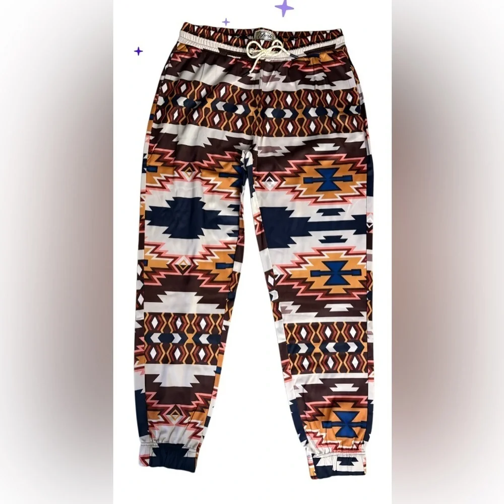 NWT-L Navajo Pattern  Performance Pant gathered ankle drawstring & elastic waist
